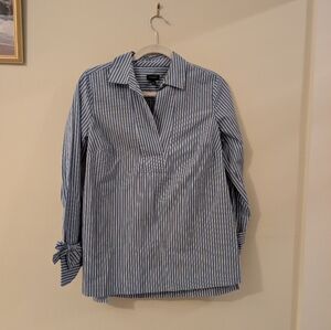 Talbots Popover Blouse Small Blue White Stripe Tie Sleeve Bow Cuff Career Top